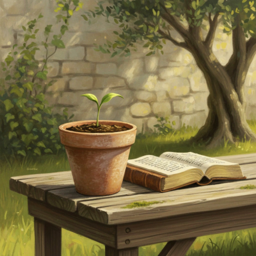 A small sprout in a clay pot beside and open Bible in a sunlit garden